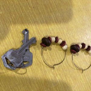 Burgundy and Natural Wooden Bead Hoop Earrings
